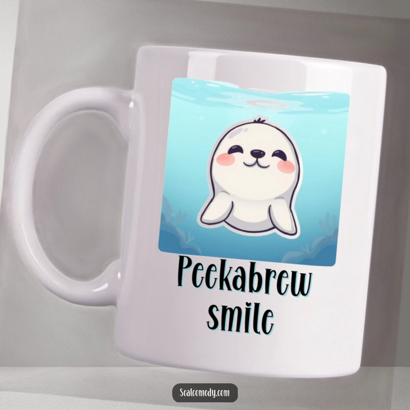 Funny Mug: A seal with a shy smile peeks playfully from underwater, capturing a moment of endearing humor.