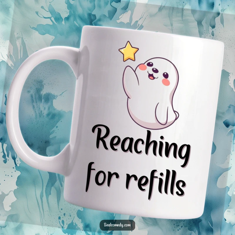 Funny Seal Mug: A playful seal reaches out a flipper to gently touch a floating star icon, embodying hope and humor.