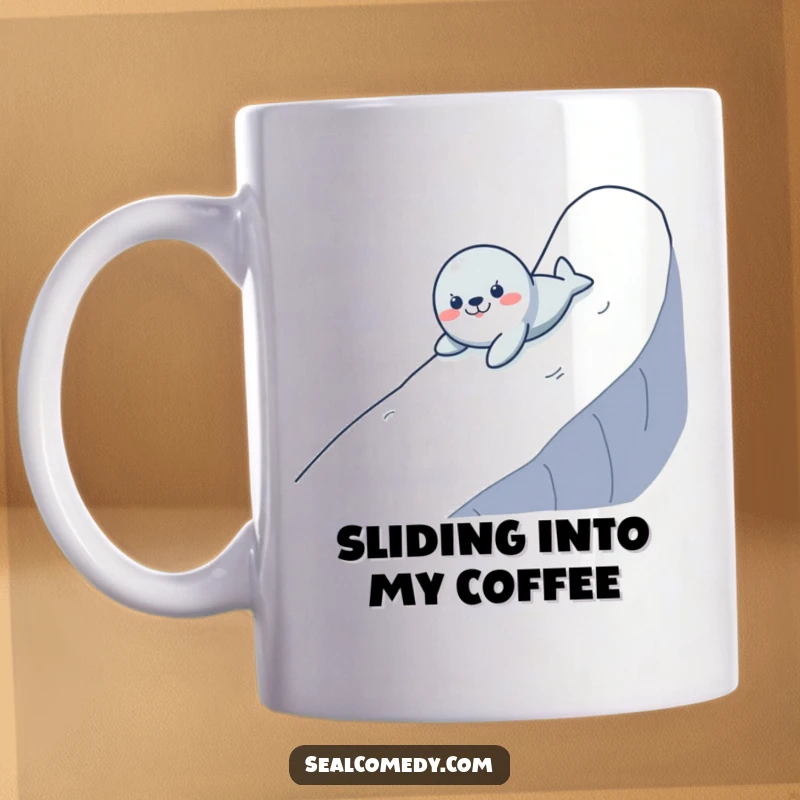 Funny mug featuring a seal comically sliding down a wet, slippery slope with a joyful expression, capturing pure, unadulterated fun.