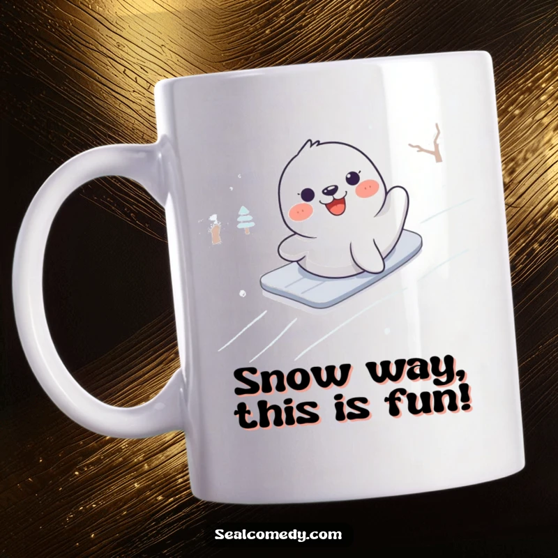 Funny mug of a happy seal gleefully sliding down a snowy slope, embodying pure winter fun and excitement.
