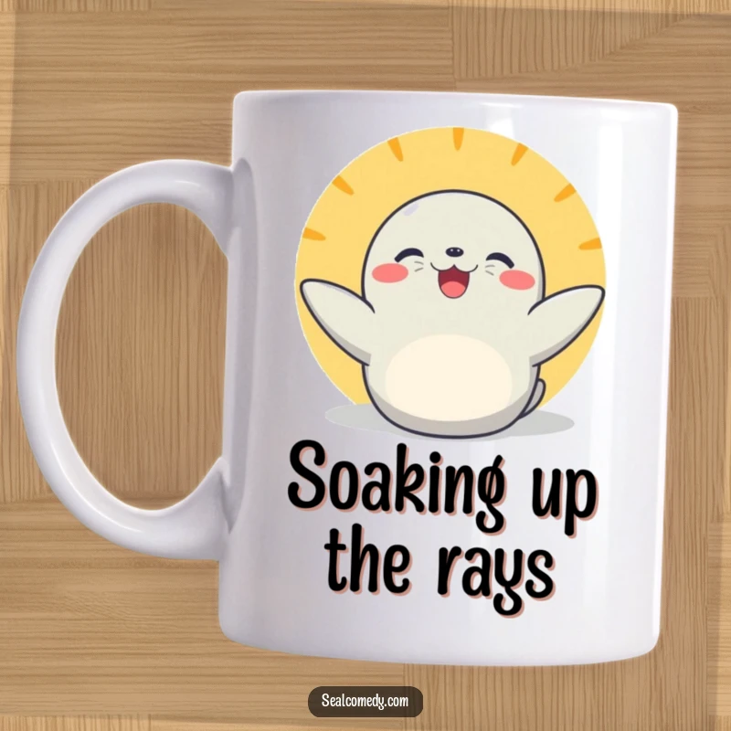 Funny basking seal mug with flippers extended, radiating pure joy and contentment under the sun, perfect for animal lovers and beach enthusiasts.