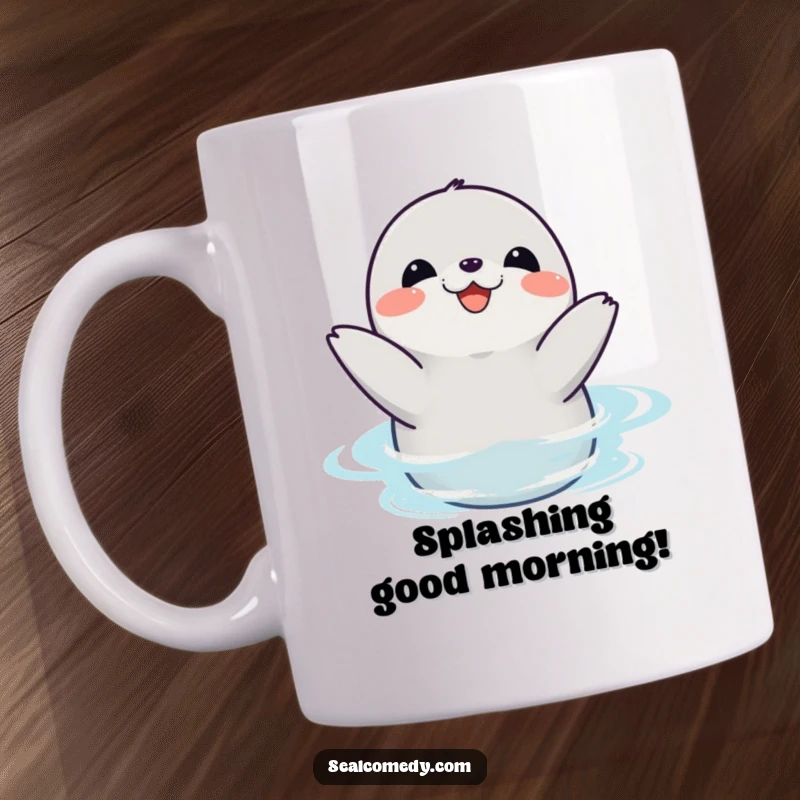 Funny seal mug showing a happy marine animal joyfully clapping its flippers while splashing in the water, radiating pure delight.
