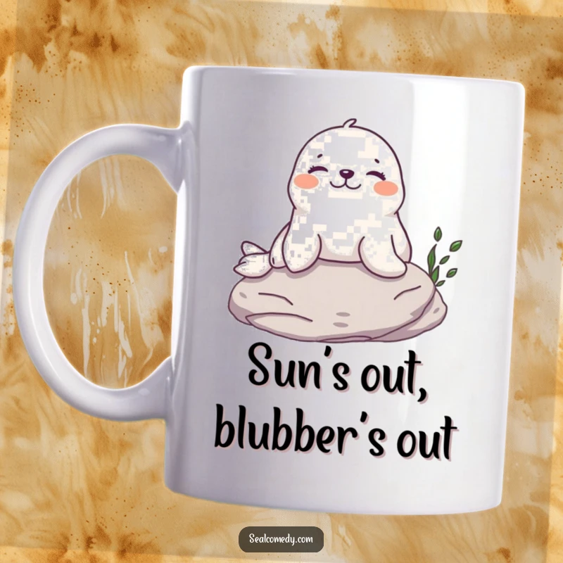 Funny Seal Mug: A content seal with closed eyes relaxes happily while sunbathing on a rock, radiating pure bliss.