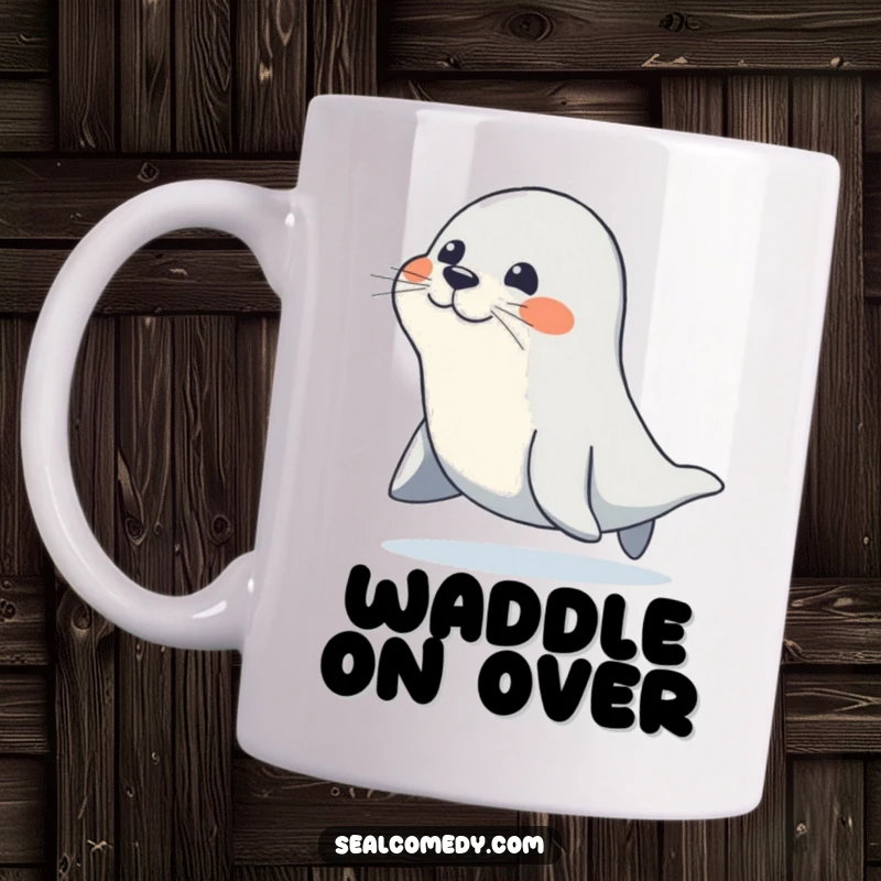 Funny mug featuring a seal character waddling with a determined yet happy gait, exuding cheerful progress and motivation.