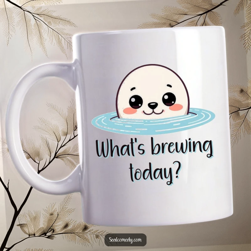 Funny seal mug showing a curious seal peeking out of the water with wide, surprised eyes, representing wonder and a great gift.