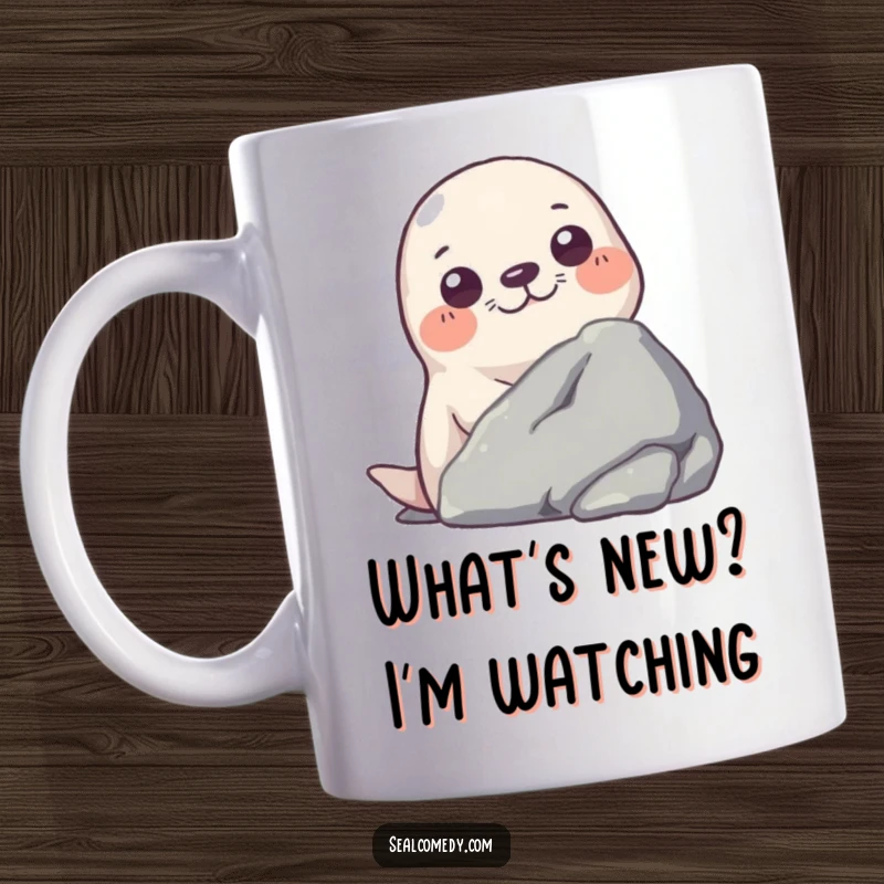 Funny mug showing a curious seal peeking its head from behind a large rock, inviting playful interaction.