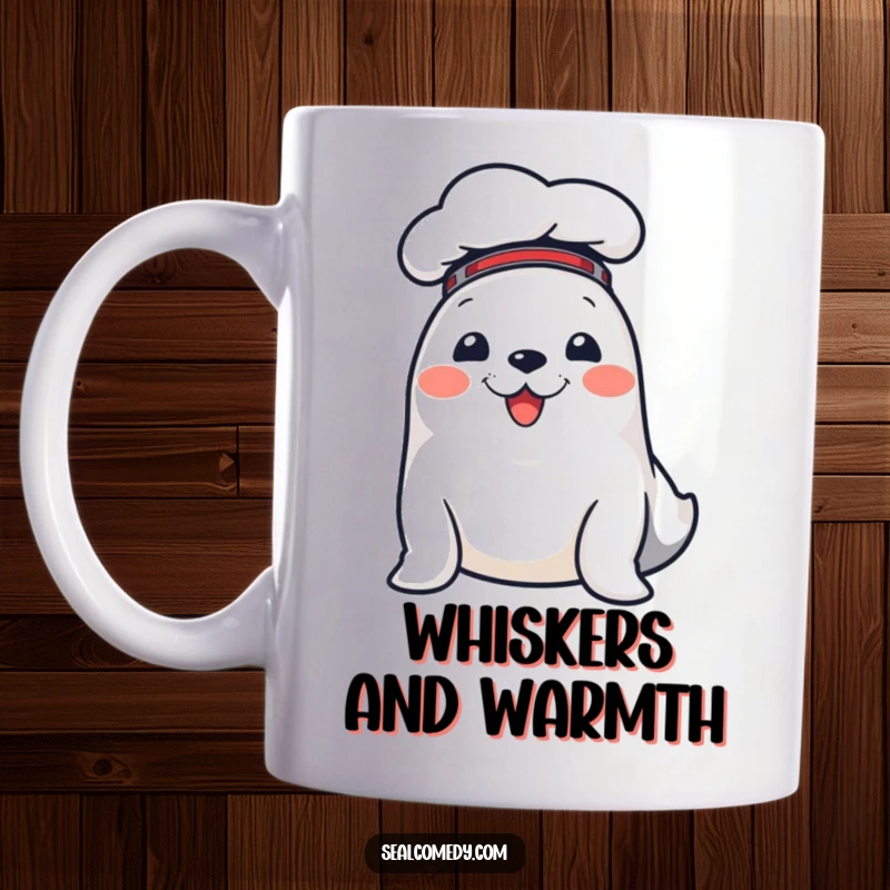 Funny mug featuring a cheerful seal in a tiny chef hat, ready to cook up some laughs and smiles.