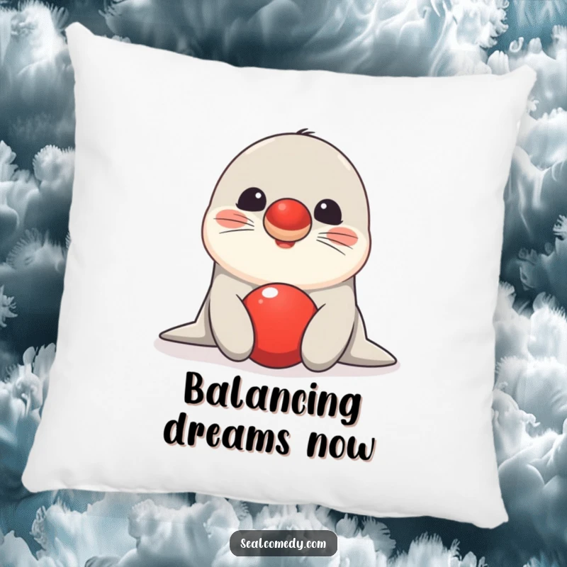 Funny seal pillow featuring a happy creature balancing a red ball on its nose, offering whimsical comfort and charm.