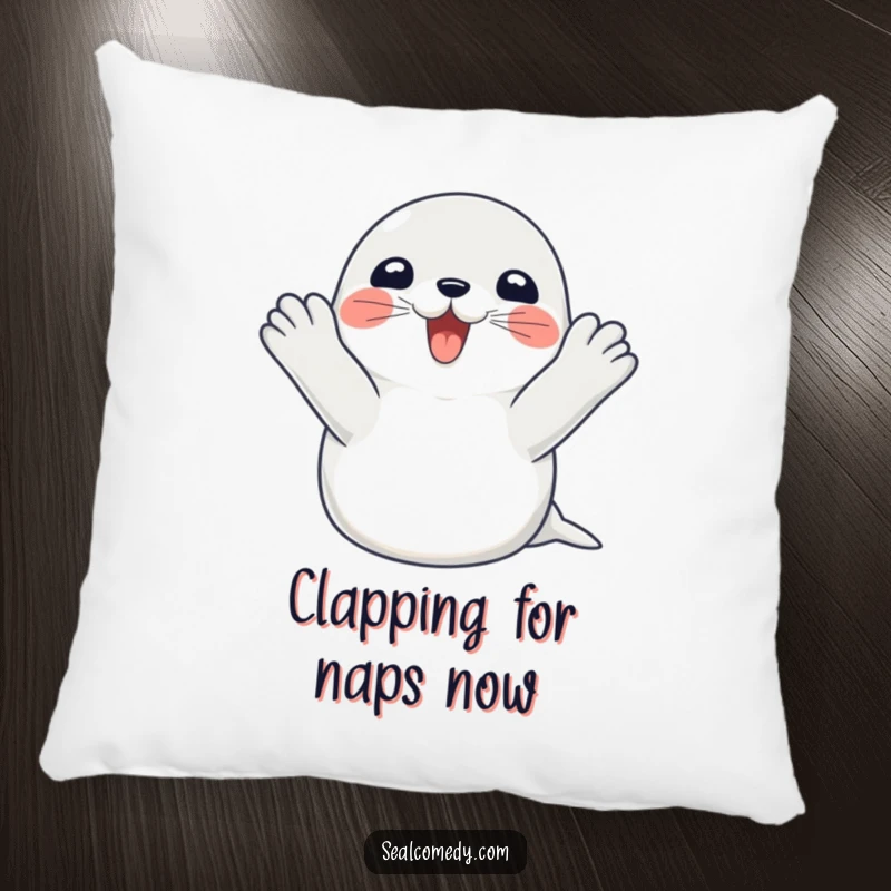Funny seal pillow showing a happy seal clapping its flippers with excitement, offering comfort and a humorous marine theme.