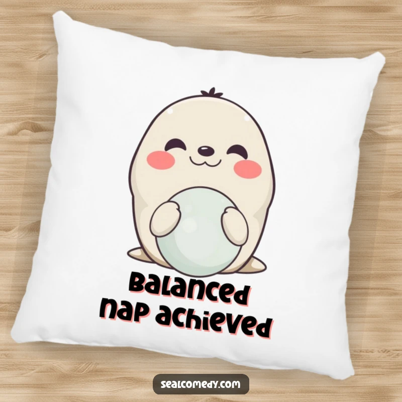 Funny smiling seal pillow, soft and cute, showing a happy seal balancing a ball on its nose, for cozy, impressive appeal.