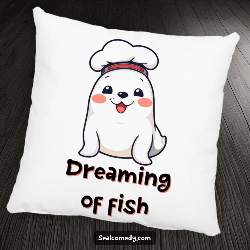 Funny pillow showcasing a cute seal in a chef hat, offering comfort and a humorous touch to any room.
