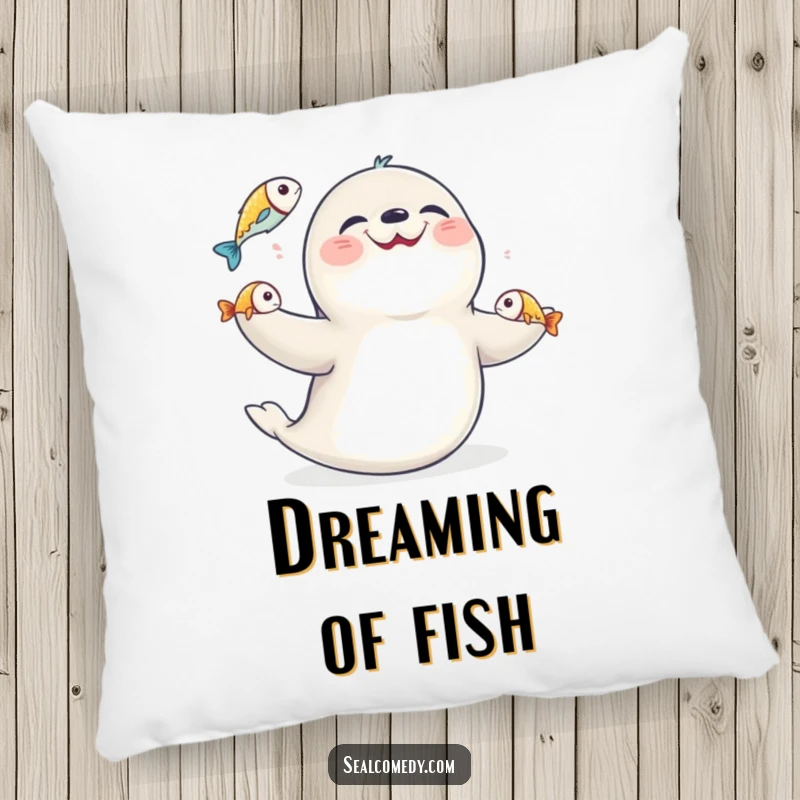 Funny seal juggling fish, depicted on a plush pillow, adding a humorous and cozy element to home decor.