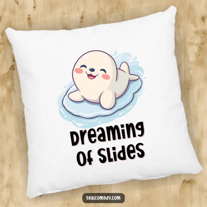 Funny seal with a wide, happy grin sliding down a wet, slippery surface, a soft and humorous pillow.
