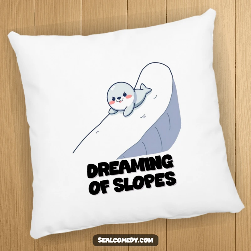 Funny pillow featuring a seal comically sliding down a slippery wet surface, emphasizing a relaxed yet playful mood.