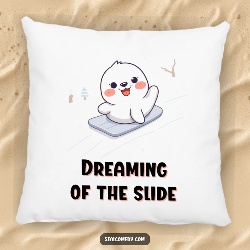 Funny pillow design depicting a seal enjoying a thrilling slide down a snow-covered incline, bringing winter cheer indoors.