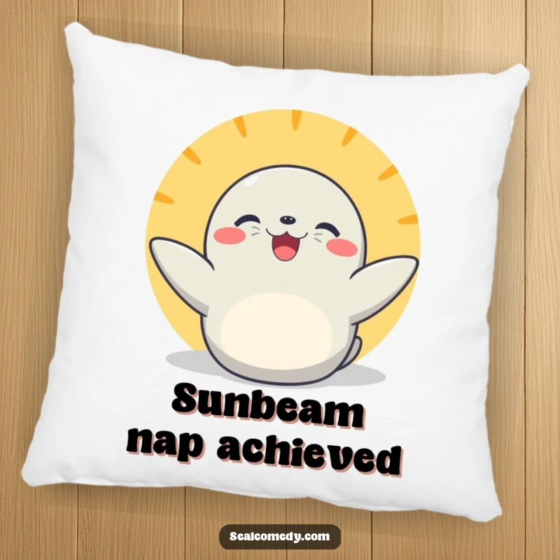 Funny basking seal pillow with flippers extended, providing plush comfort and radiating joyful, sunny vibes for relaxation lovers.