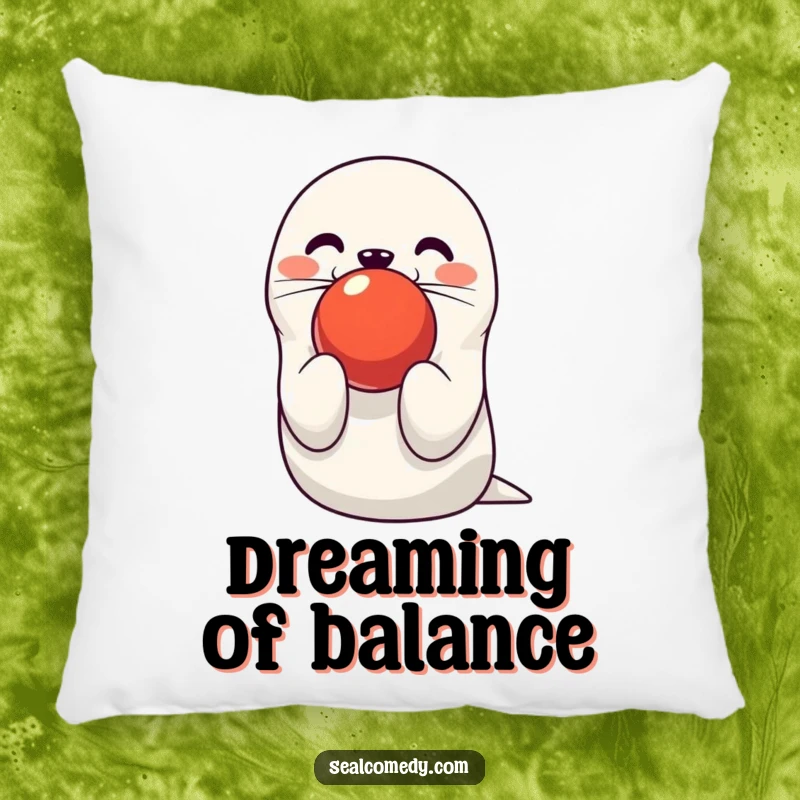 Funny seal pillow featuring a cute character balancing a red ball on its nose, offering plush comfort and circus humor. A perfect funny gift.