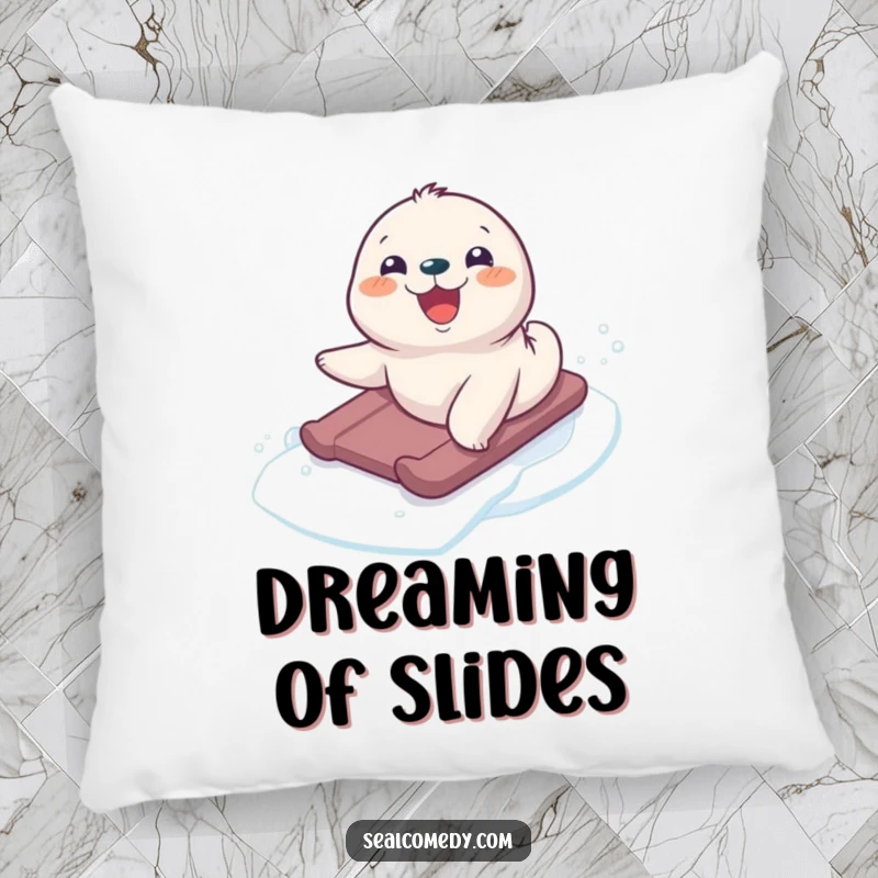Funny seal pup sliding down ice, depicted on a soft, comfortable pillow, adding humor to any living space.