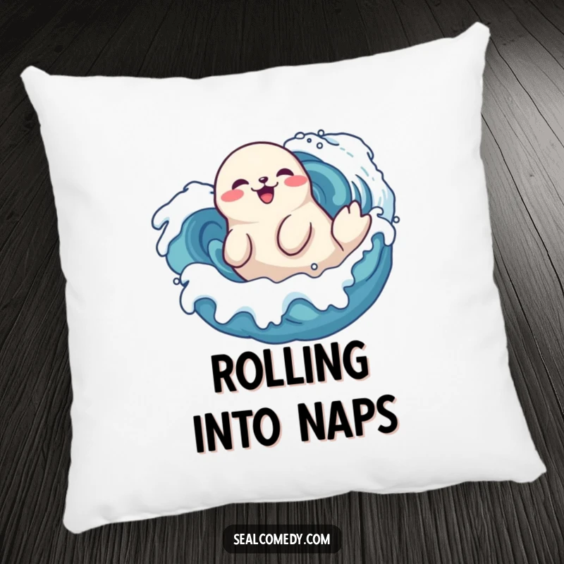 Funny seal pillow doing a playful roll in stylized waves, a delighted marine mammal enjoying the ocean, soft cushion.