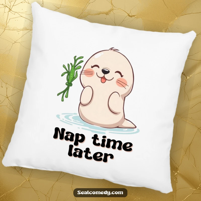 Funny pillow design showcasing a seal playfully interacting with a floating piece of seaweed, a humorous and cozy home decor item.