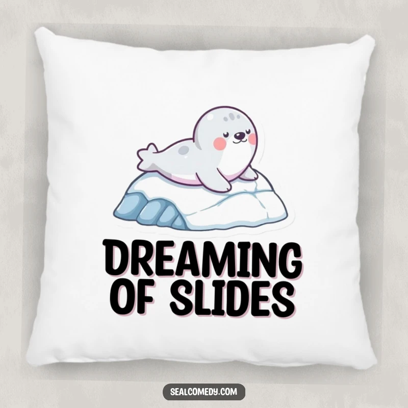 Funny pillow featuring a seal character mid-slide down an icy slope, bringing a sense of playful adventure and comfort.