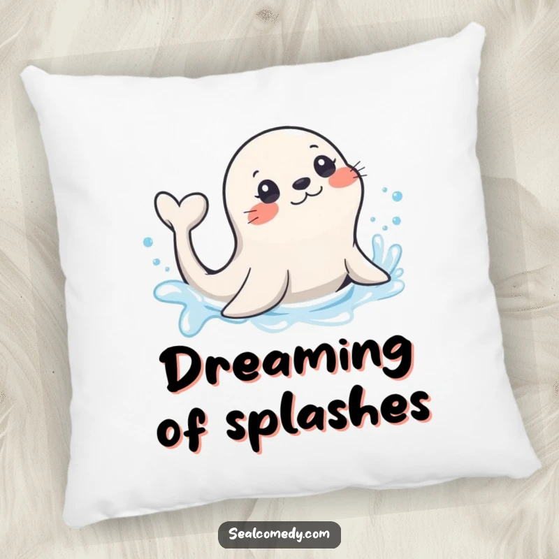 Funny seal with a playful tail flick, splashing in sparkling water, a soft and humorous decorative pillow.