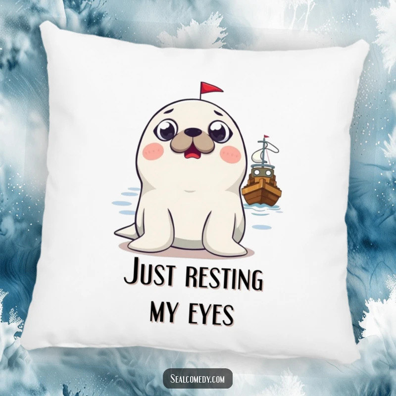 Funny surprised seal pillow, depicting a seal with wide, surprised eyes observing a boat, offering comfort and humor.