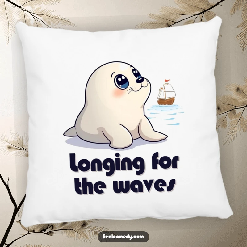 Funny pillow featuring a cute seal character with big, innocent eyes staring at a distant ship, a humorous and cozy decor item.