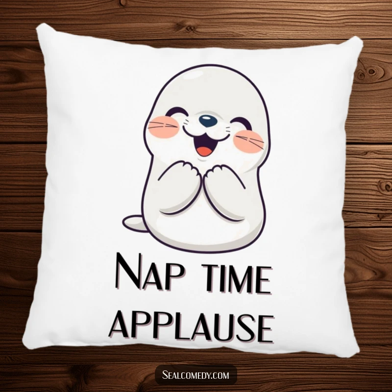 Funny seal pillow featuring a cute character clapping its flippers together joyfully, offering plush comfort and celebratory humor. A perfect funny gift.