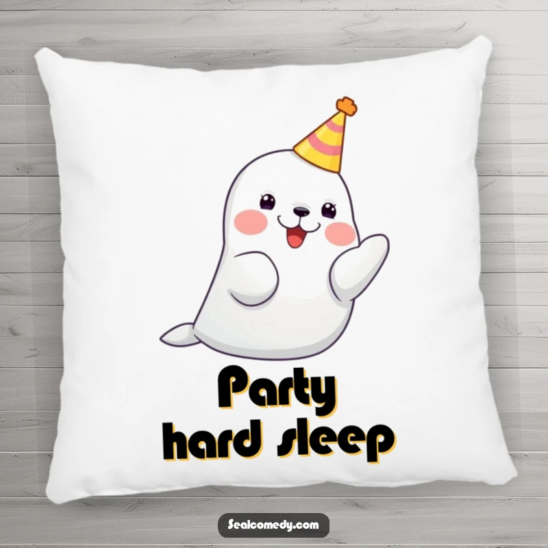 Funny seal wearing a party hat, clapping its flippers joyfully, a soft and humorous decorative pillow.