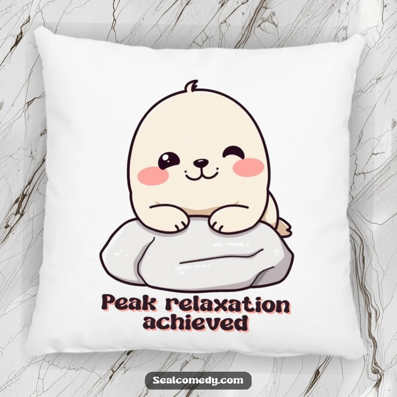 Funny pillow with a seal resting its chin on a smooth stone, looking exceptionally pleased, offering comfort and a humorous accent.
