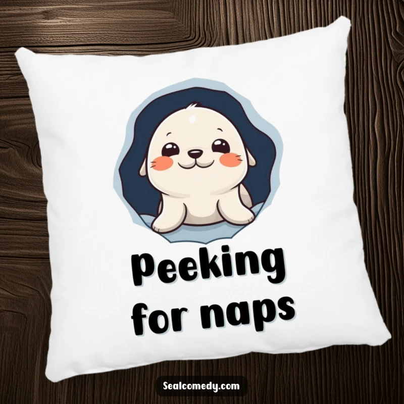 Funny pillow featuring a curious seal character peeking out from a hole in the ice, perfect for adding cozy humor.