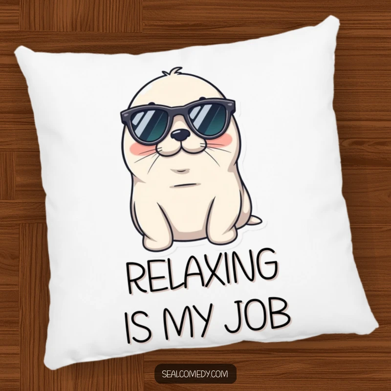 Funny seal pillow wearing tiny sunglasses, looking cool and relaxed, a chill marine mammal with awesome shades.