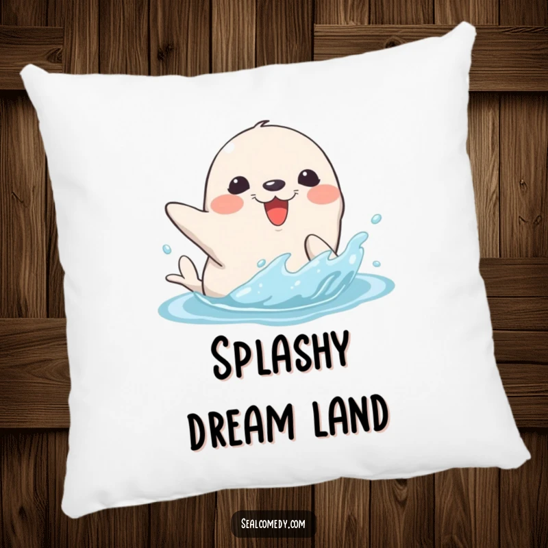 Funny pillow featuring a seal character splashing water with its flipper, offering comfort and a sense of playful aquatic fun.