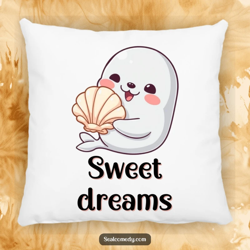 Funny pillow featuring a smiling seal character offering a shiny seashell, offering soft comfort and a heartwarming, humorous message.