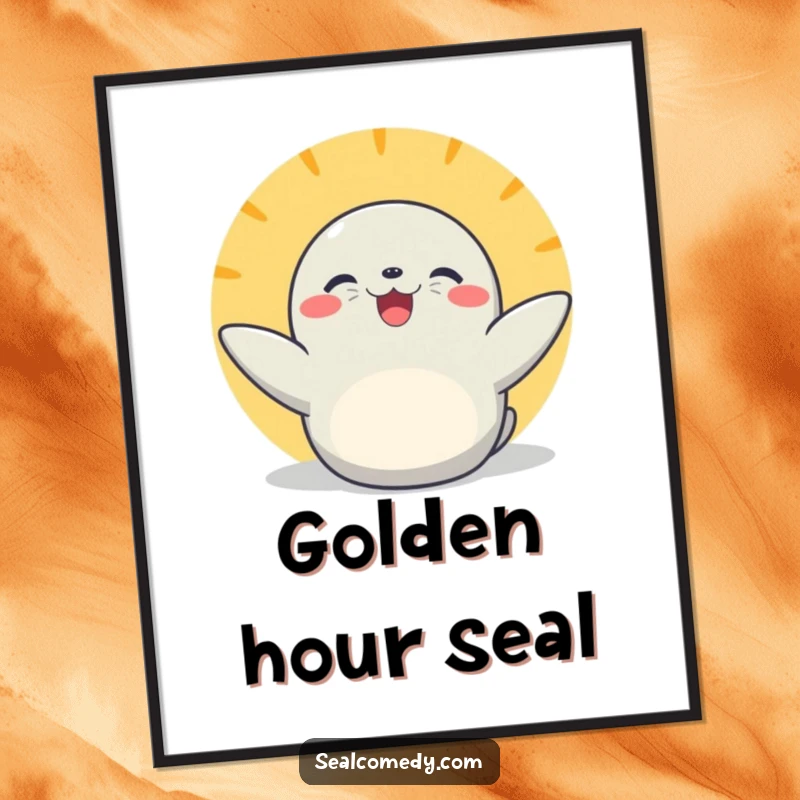 Funny basking seal digital art print with flippers extended, perfect for adding instant cheerful sunny vibes and adorable animal charm to decor.