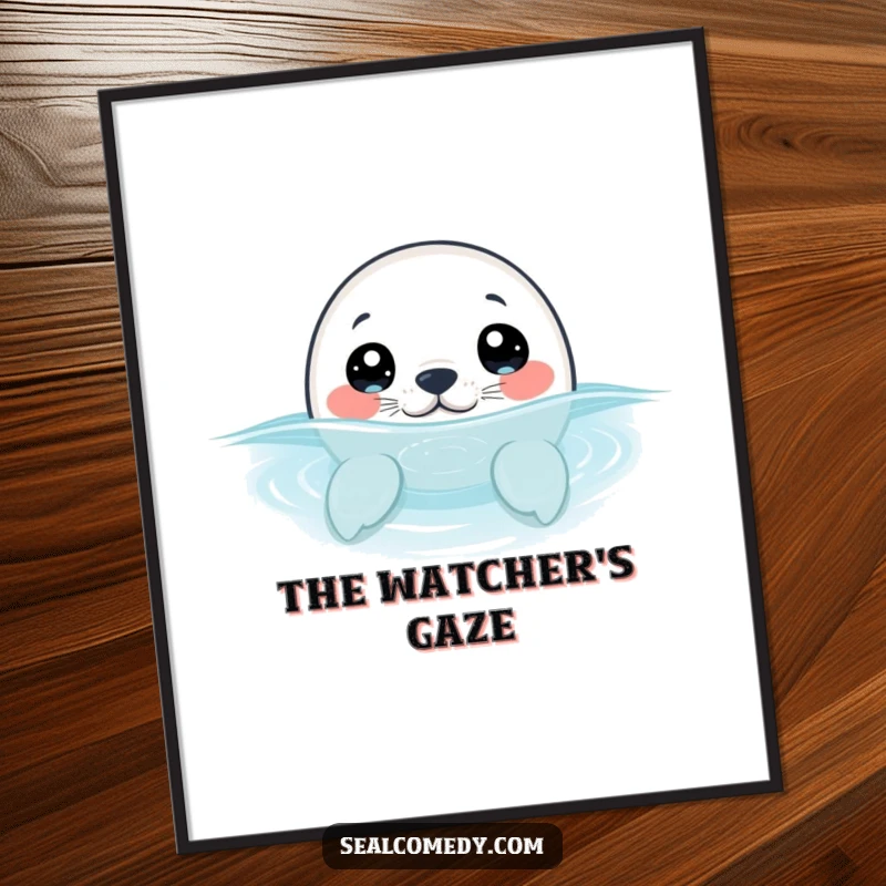 Funny seal pup with wide, curious eyes, peeking its head out of the water, presented as a digital art print for instant wonder.