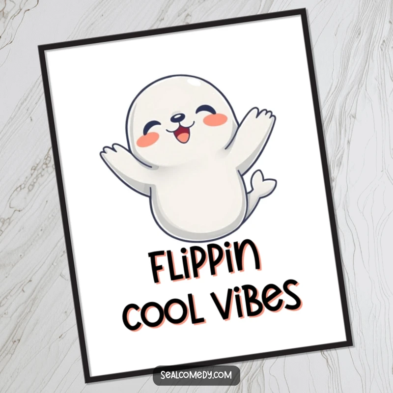 Funny Digital Art Print of a seal dancing with joy, flippers raised, ideal for cheerful decor.