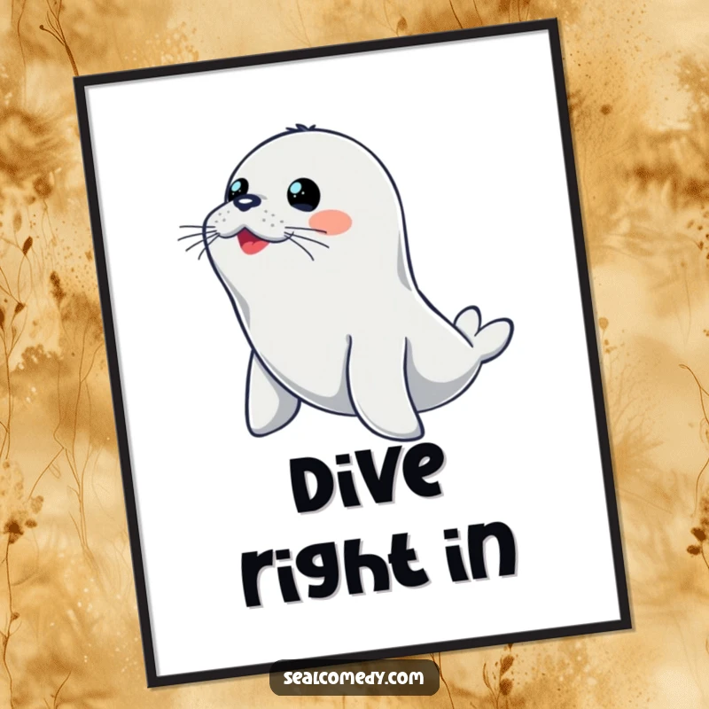Funny seal digital art print showing an alert seal in a dynamic diving pose, ready for action.