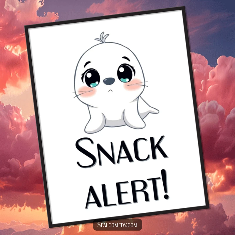 Funny digital art print of a seal with large, excited eyes looking upwards, ready to infuse any space with instant delight and humor.