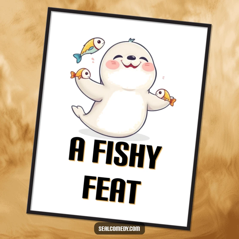 Funny seal juggling three shiny fish, available as an instant download digital art print for humorous wall decor.
