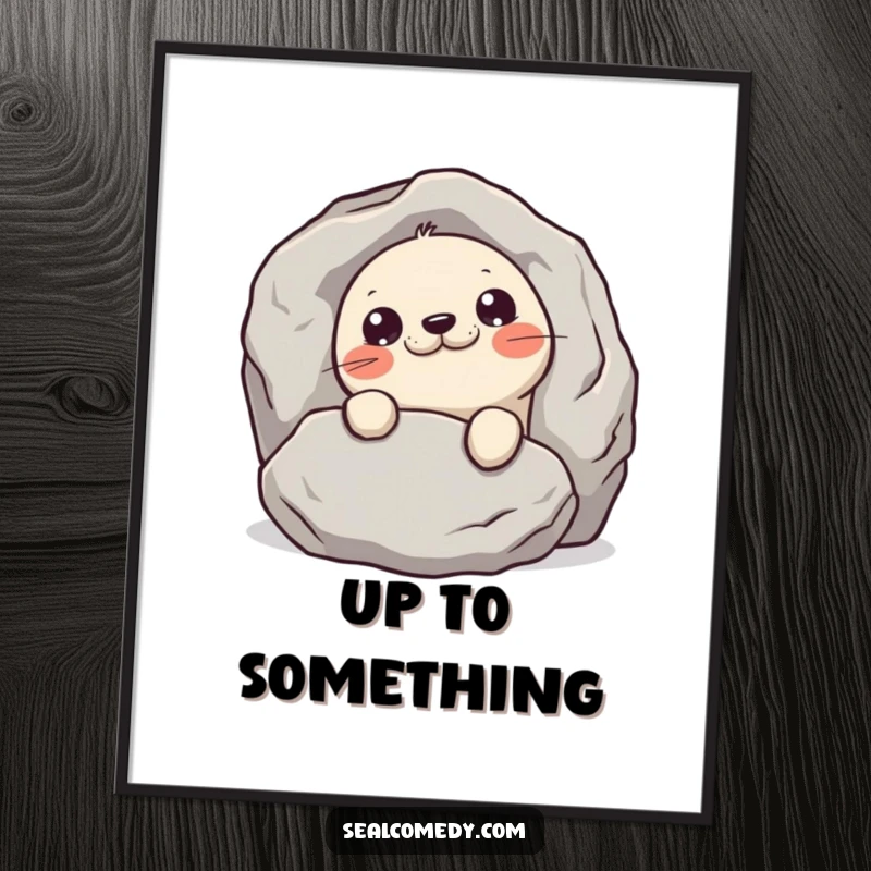 Funny mischievous seal digital art print of a seal peeking from behind a rock, inviting viewers into a playful secret.