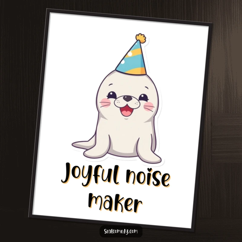 Funny digital art print of a seal wearing a party hat and honking with pure delight, perfect for festive and happy decor.