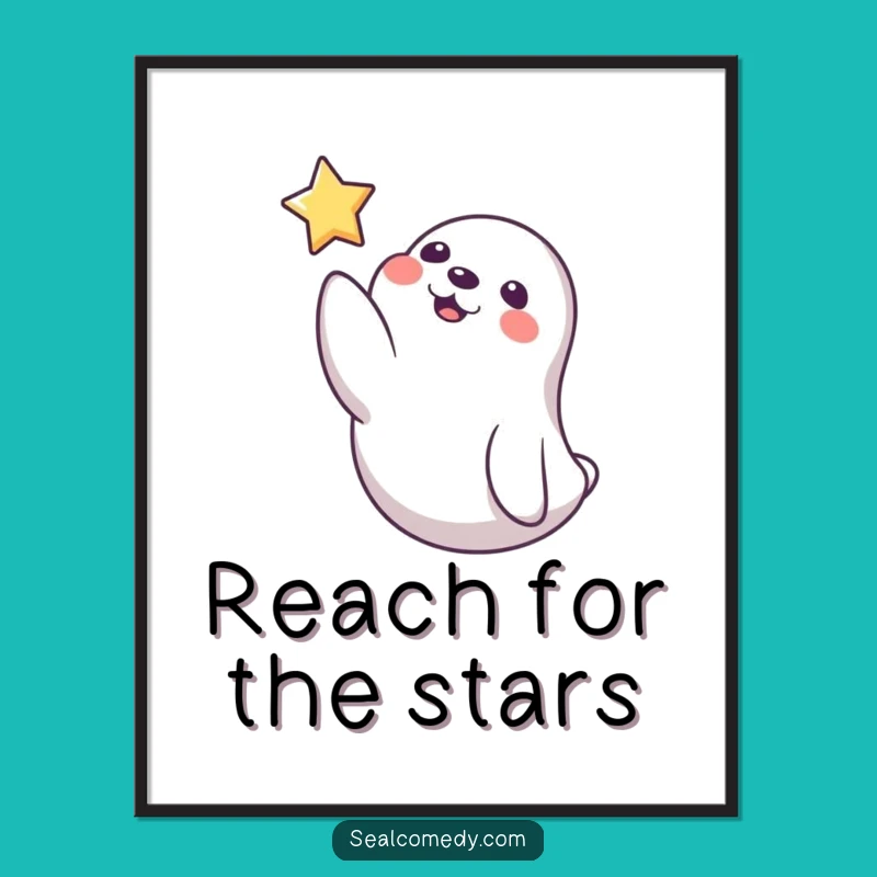 Funny Playful Seal Star Digital Art, Whimsical Wall Decor Gift