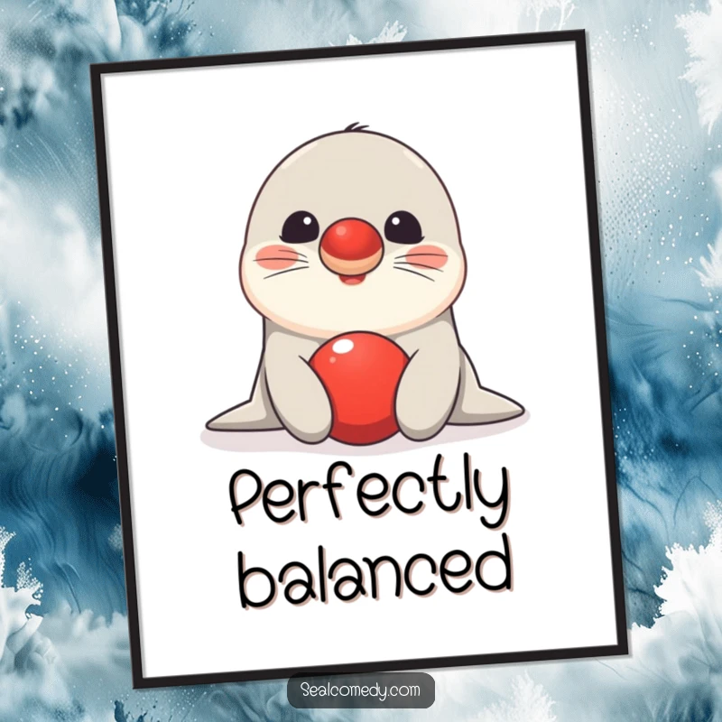 Funny seal digital art print of a happy marine animal balancing a red ball on its nose, symbolizing skill and charm.