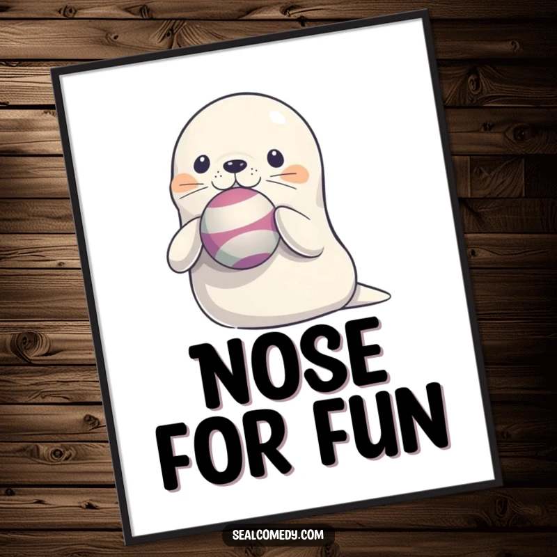 Funny Seal Balancing Ball Digital Art Print: A downloadable image of a cute seal expertly balancing a colorful ball on its nose.