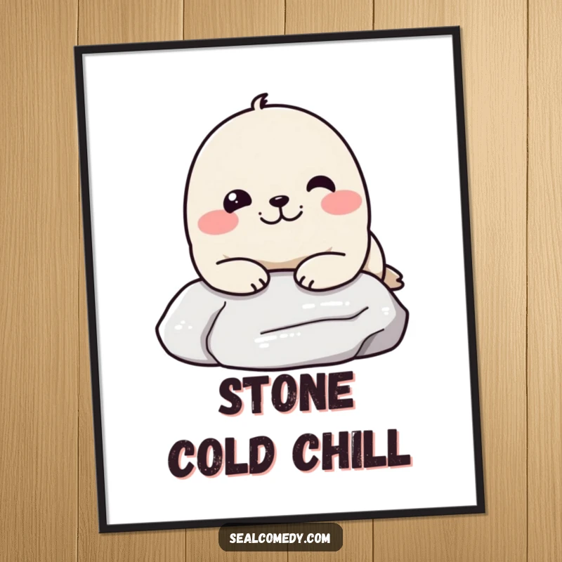 Funny digital art print of a seal resting its chin on a stone, looking incredibly pleased, ready to add humor to any digital display.