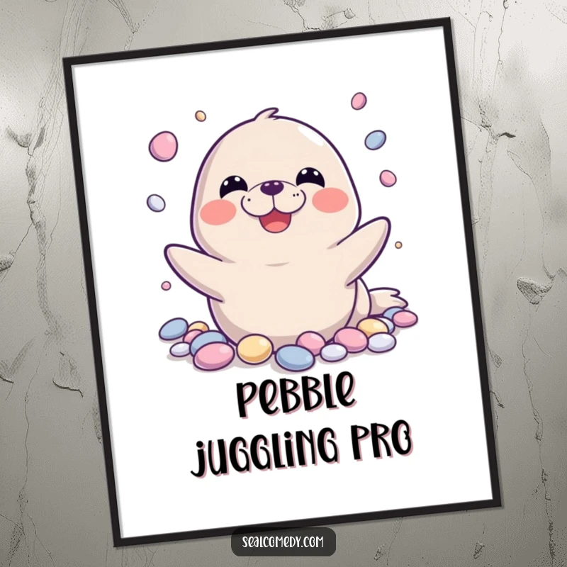 Funny seal digital art print of a seal with a wide, happy grin juggling an impressive amount of shiny pebbles.