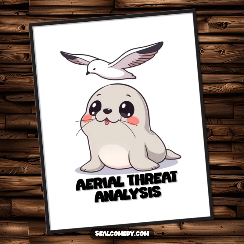 Funny Seal Digital Art Print: A seal with wide, focused eyes watches a seagull fly overhead, full of humorous alertness.