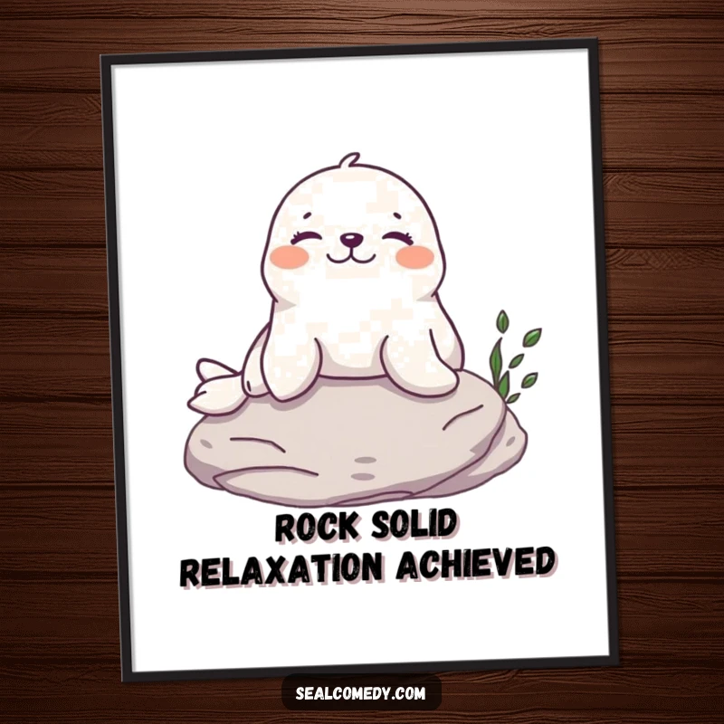 Funny Seal Digital Art Print: A content seal with a relaxed expression sunbathes on a rock, full of humorous tranquility.